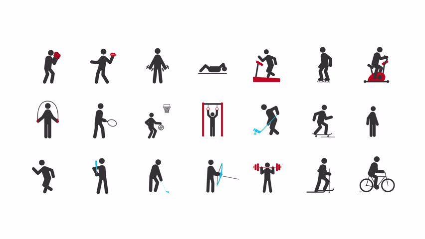 Physical activities stick figures glyphs animation set. Healthcare fitness, relaxing sports. Competitive games. Ball sports. Animated stickman icon pack. Black solid pictograms motion