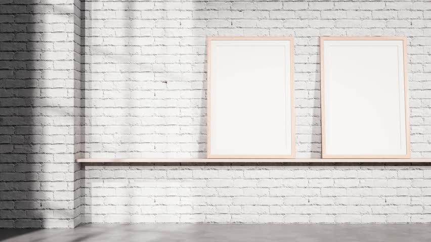 Two simple picture frames move steadily from left to right on a brick wall shelf setting. Perfect for digital portfolios, product branding, creative slideshows, online galleries, and modern visual presentations.

