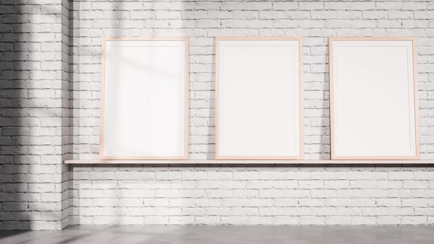 Three blank picture frames slide smoothly from left to right against a white brick wall interior. Ideal for gallery previews, art exhibitions, modern branding visuals, website banners, and clean promotional video backgrounds.
