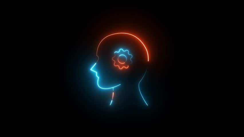 Glowing dual tone blue and orange neon human head profile with a gear icon inside, representing diverse artificial intelligence and innovation.
