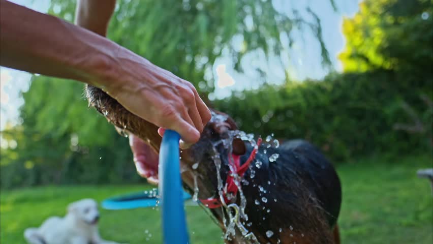A dog is being washed outdoors as fresh water splashes over its head in a close-up, slow-motion shot.