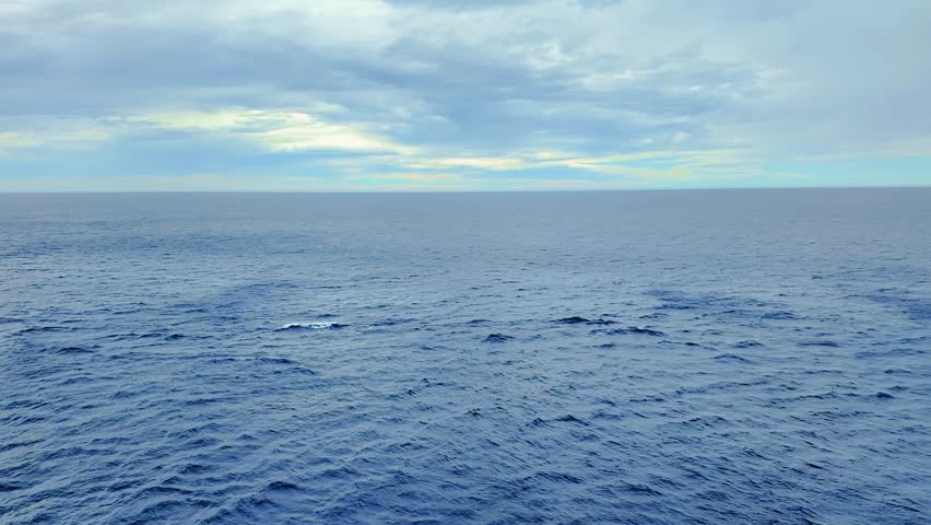 Serene seascape capturing the expanse of a tranquil ocean with gentle waves beneath a cloudy, pale blue sky, evoking peace and vastness.