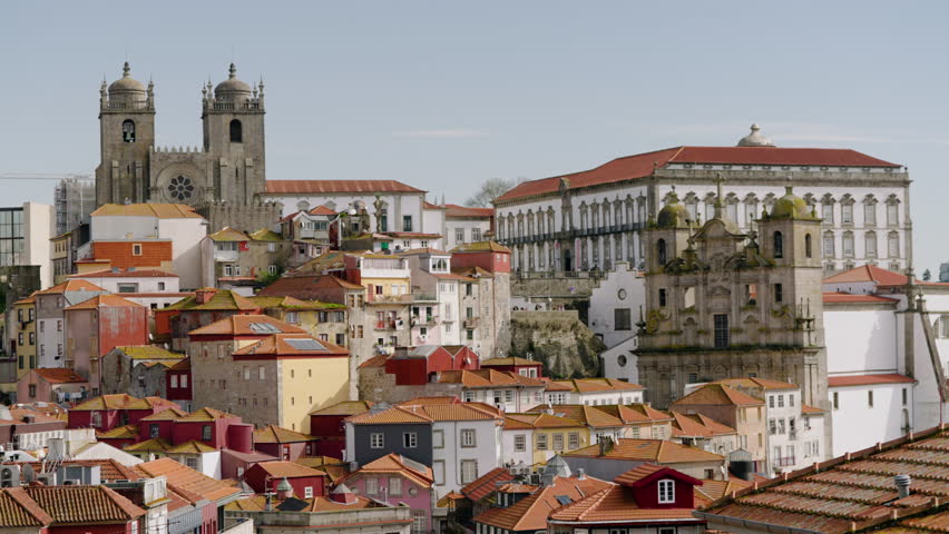 Historic Center Of Porto, Portugal. Prominent Porto Cathedral And Saint Lawrence Church With The Episcopal Palace.