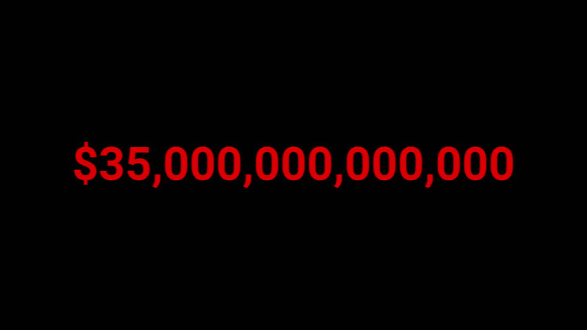 US national debt counter showing value rising from thirty five trillion dollars on dark background representing government finance deficit fiscal pressure economic risk public spending growth and financial instability concept