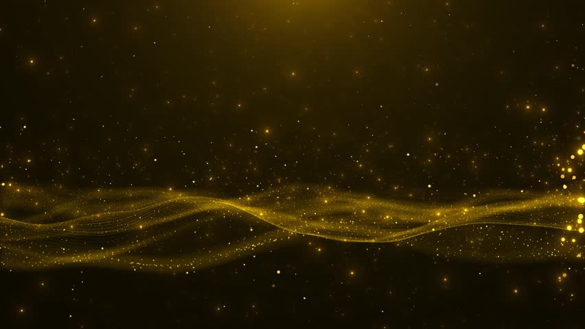 Golden Particles Moving Background. Golden particles and sparkles. Christmas gold glitters. energy flying wave line with flash lights. Particle dust flickering glitter flare awards