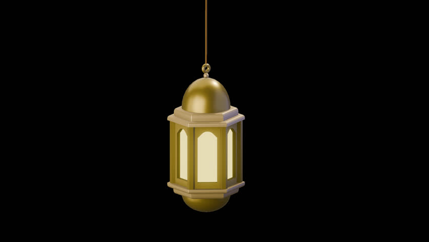 3D golden islamic lantern animation swinging gently, hanging transparent background. alpha channel. Ramadan and Islamic concept.