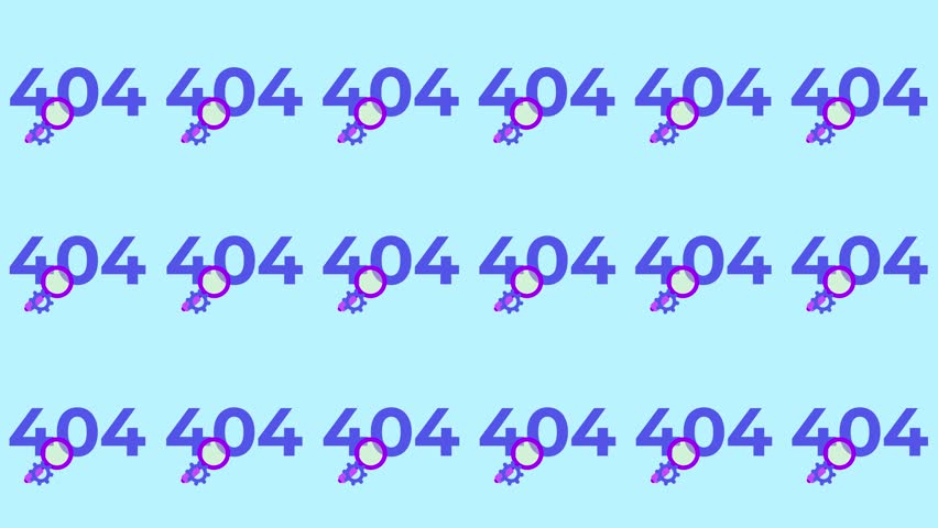 Seamless pattern of 404 error, magnifying glass, and technical gear icons in a tile background animation. Repeating wallpaper with page not found, troubleshooting, and digital maintenance backdrop.