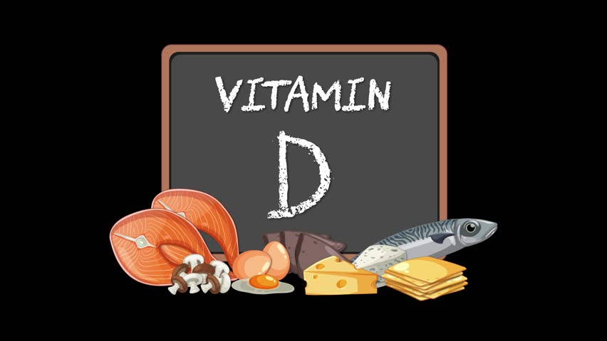Animated vitamin D foods slide into frame around chalkboard label on black background