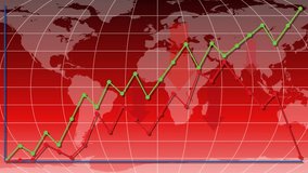 Dynamic green and red line graphs animate upward over a red-tinted world map with gridlines - Powered by Shutterstock - Get 15% off with code: PIKWIZARD15