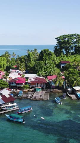 Scenic vertical aerial shot moving right over Bastimentos Island, highlighting the natural beauty of the Bocas del Toro region.