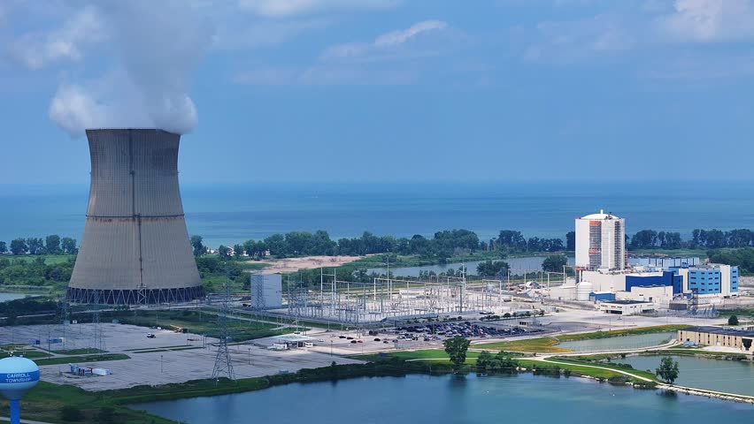 Aerial view of Davis–Besse Nuclear Power Station near Lake Erie, Oak Harbor, Ohio, USA with Carroll Township Water Tower