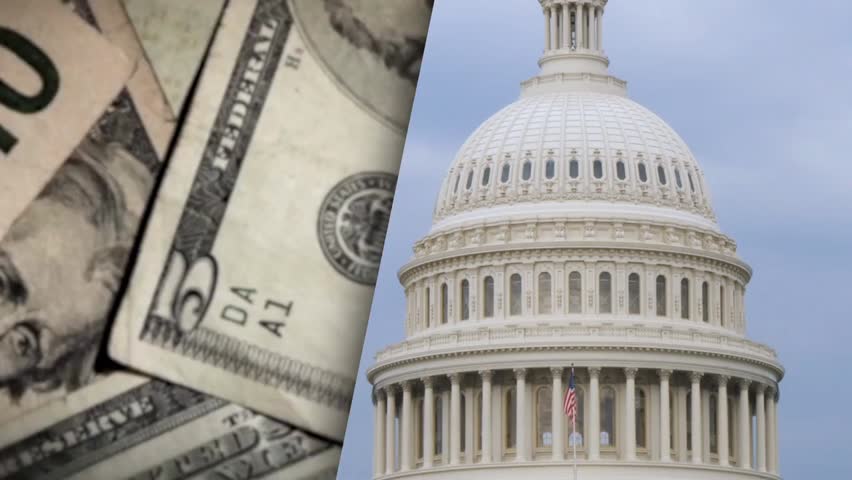 Rotating money background with a split-screen view of the US Capitol building, representing finance, government, and economic policy concepts.