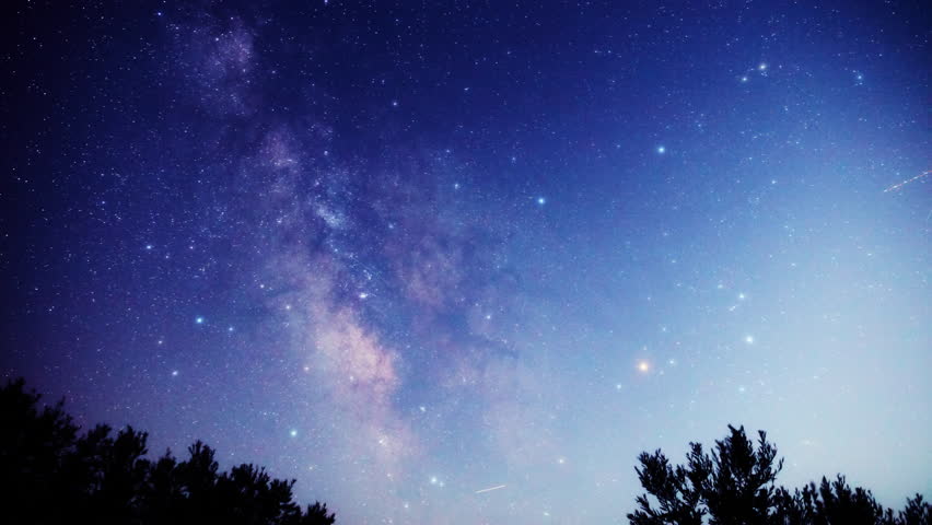 Milky Way stars on a dark countryside skies. Time-lapse video.
