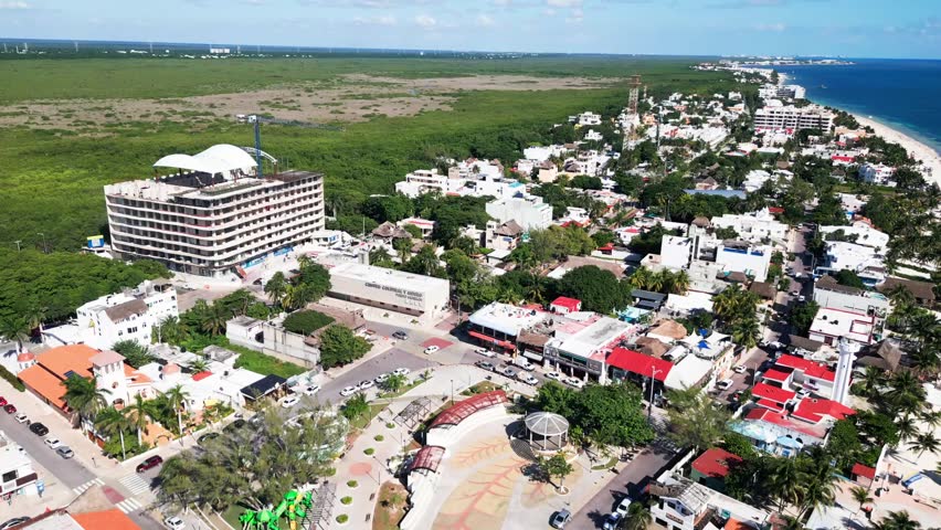 Fundadores Park (Parque Fundadores) In Puerto Morelos, Quintana Roo, Mexico. Aerial Descending Shot