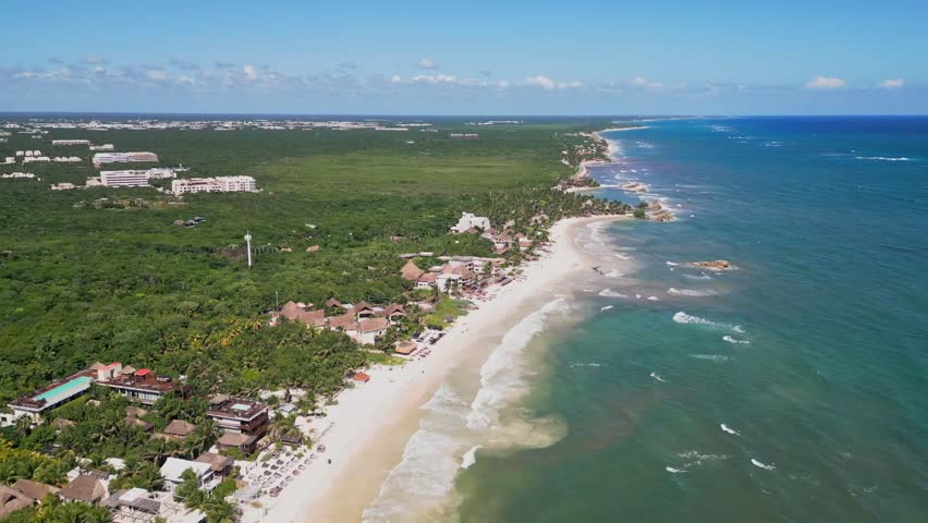 White-sand Beach With A Backdrop Of Tropical Jungle At Tulum In Quintana Roo, Mexico. Aerial Shot