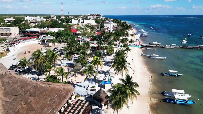 Charming Central Square And Beachfront Area In Puerto Morelos Town In Quintana Roo, Mexico. Aerial Drone Shot
