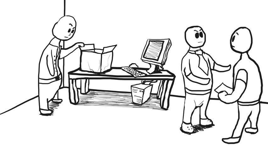  The setting is an office, where one person stands next to a box, peering inside. Two other employees are conversing. There