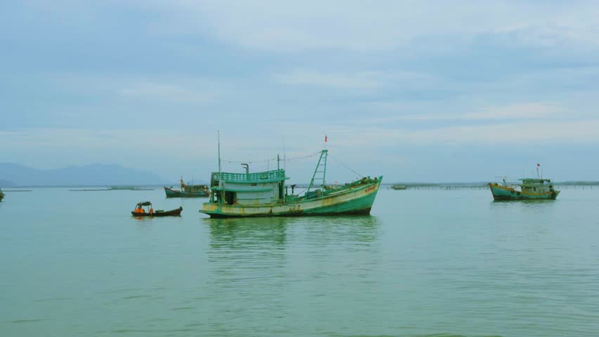 Traditional Fishing Boats Anchored at Vung Tau Can Gio Ferry Terminal, Vietnam