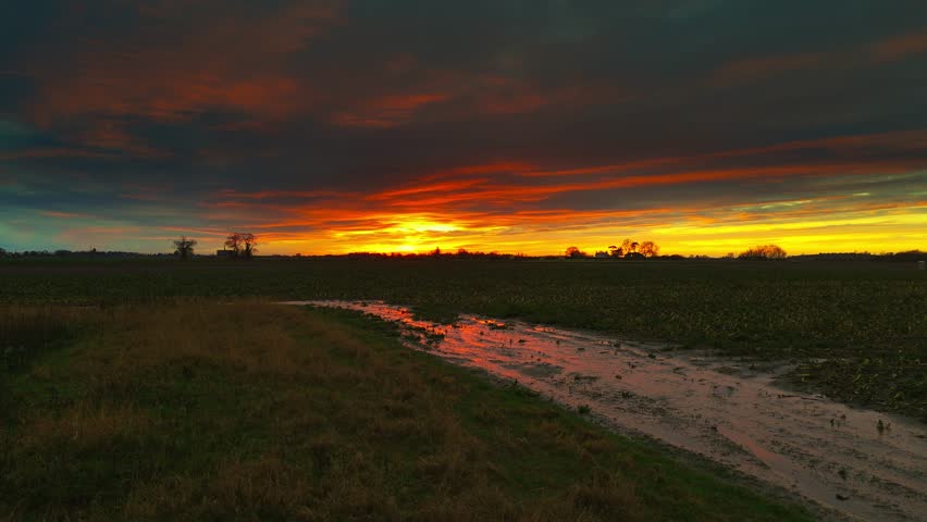 Dreamy sunset rural scene with farmland, trails moody tree and farmhouse, pink and orange warm evening. Raining with we muddy paths, track, wild winter countryside, English vista, rustic lifestyle.