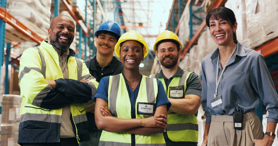 Arms crossed, collaboration and face of team in logistics warehouse for distribution or shipping. Confidence, smile and supply chain with happy employee group in factory for quality control of stock