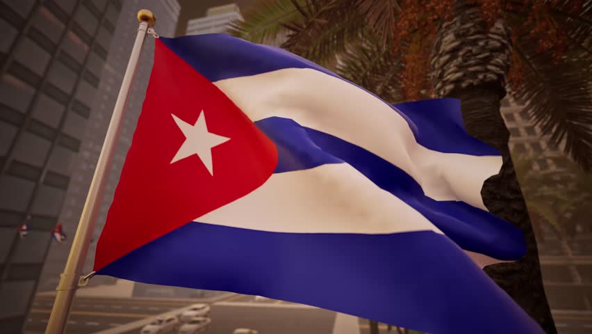 The Cuban national flag waves in soft morning sunlight within a modern urban environment. Early daylight illuminates surrounding buildings and wide streets, creating a fresh and balanced atmosphere that reflects the start of daily life. The blue, white, and red colors of the flag remain vivid under gentle light, emphasizing national identity and continuity.

The city environment appears orderly and calm, with light traffic reinforcing a sense of structure and routine. The scene avoids specific landmarks, allowing it to represent Cuba broadly rather than a particular city. Subtle movement in the flag adds realism while maintaining a clean and composed visual style.

This scene is suitable for travel-related content, international reporting, cultural features, or background visuals requiring a neutral and professional representation of a Caribbean nation.

