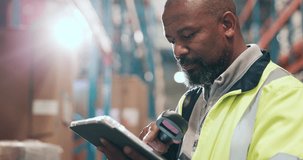 Shipping, tablet and black man in warehouse with barcode scanner for stock, inventory or check cargo. Technology, distribution and mature person with storage update, logistics reader and flare - Powered by Shutterstock - Get 15% off with code: PIKWIZARD15