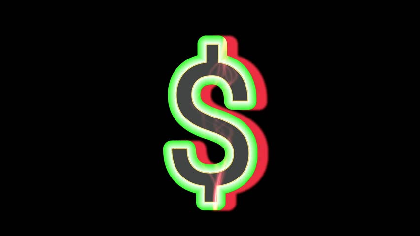3D Glowing Neon Dollar Sign Spinning Animation with Glitch Effect on Black Background. Financial and Currency Concept Video