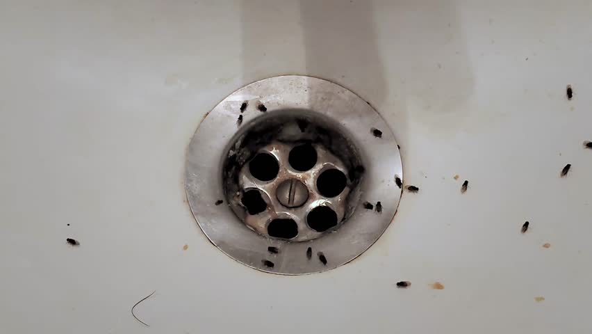 Fixed overhead video of the sink drain surrounded by tiny flies