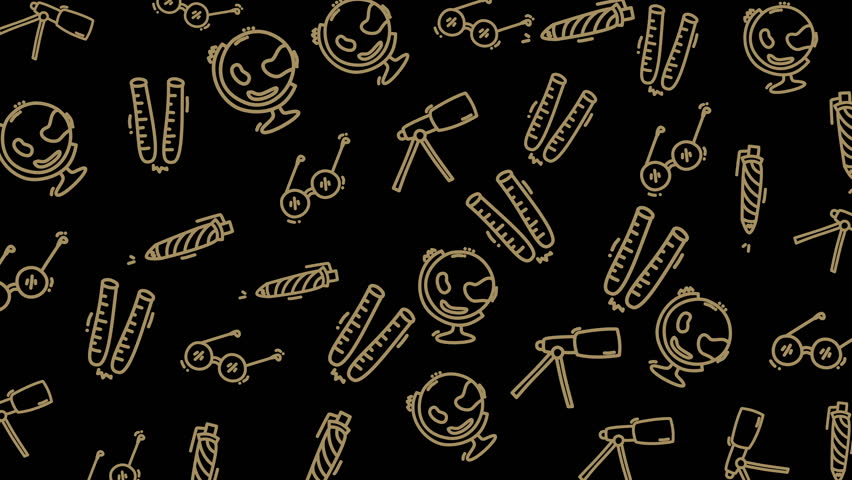 Golden line drawings of globes, binoculars, telescopes, and rulers on black. Perfect for educational presentations, science projects, or travelrelated designs.