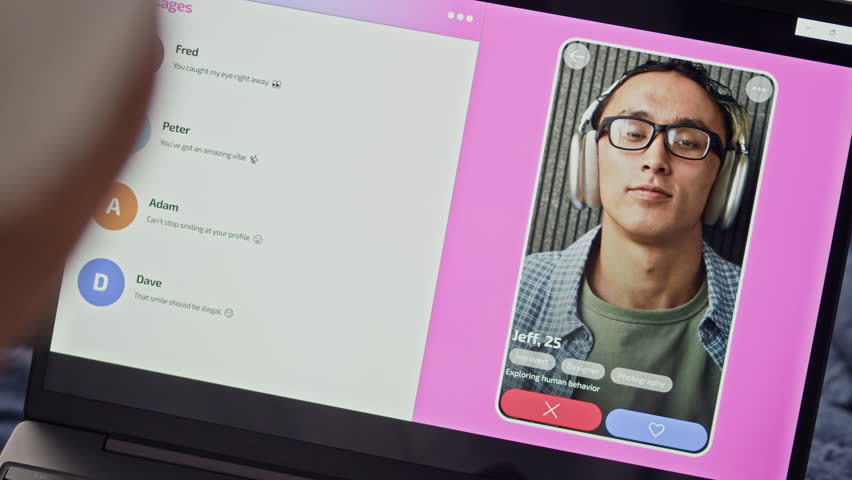 Over shoulder view of unrecognizable woman swiping left and right while examining male profiles on dating app