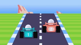 Simulated 8-bit racing video game inspired by classic arcade and early console aesthetics. Features pixelated graphics, geometric tracks, retro color palettes, and minimal UI, evoking nostalgic low-resolution gaming. Perfect for retro gaming content, animation, and digital media projects. - Powered by Shutterstock - Get 15% off with code: PIKWIZARD15
