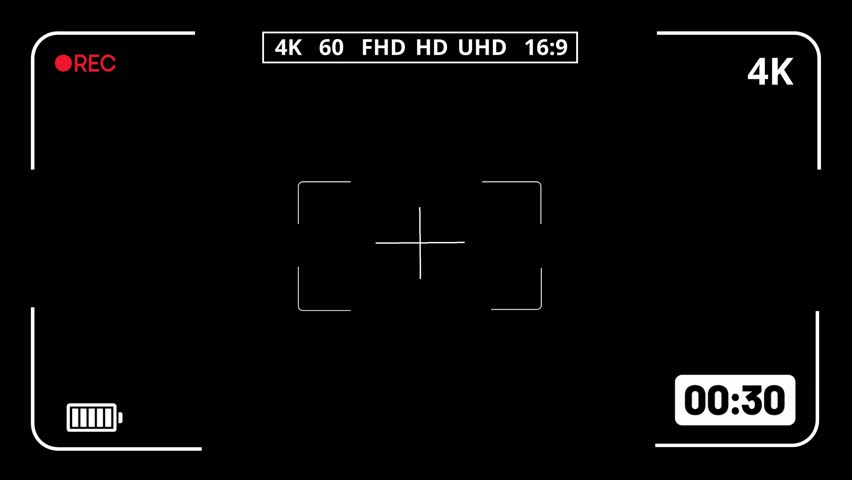 Camcorder screen overlay illustrates a dynamic recording interface, featuring essential visual elements like a time counter, battery level, resolution indicators, and framing guides, all presented on a clear black background