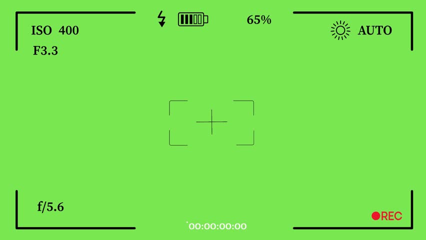 Camcorder overlay displays essential recording data, including ISO, f-stop, battery life, and a timer, presented on a vibrant green screen. It is an ideal graphic element for video production and editing as a dynamic overlay