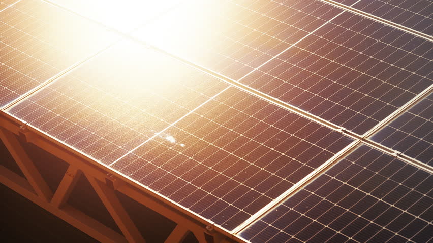 Rooftop solar panel arrays in panoramic view, sustainable renewable energy