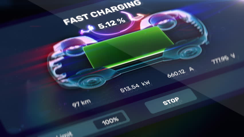 Fast-charging station screen with charging progress bar for electric vehicle