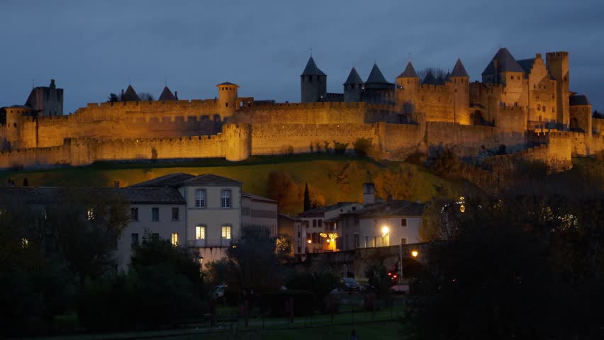 Medieval Walled City of Carcassonne Illuminated at Night, France