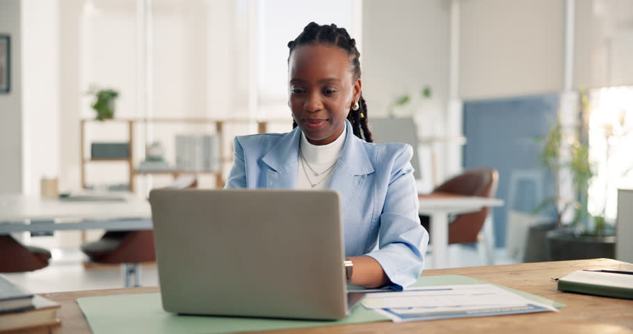 Media agency, relax and black woman with laptop, stretching and smile with finished task. African person, copywriting and journalist with pc, submit news report or completed assignment with success