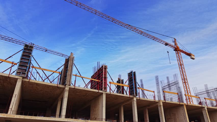 Aerial view of a construction site showing cranes and scaffolding. Steel structures are being formed as workers prepare for the next phase of building under clear skies.