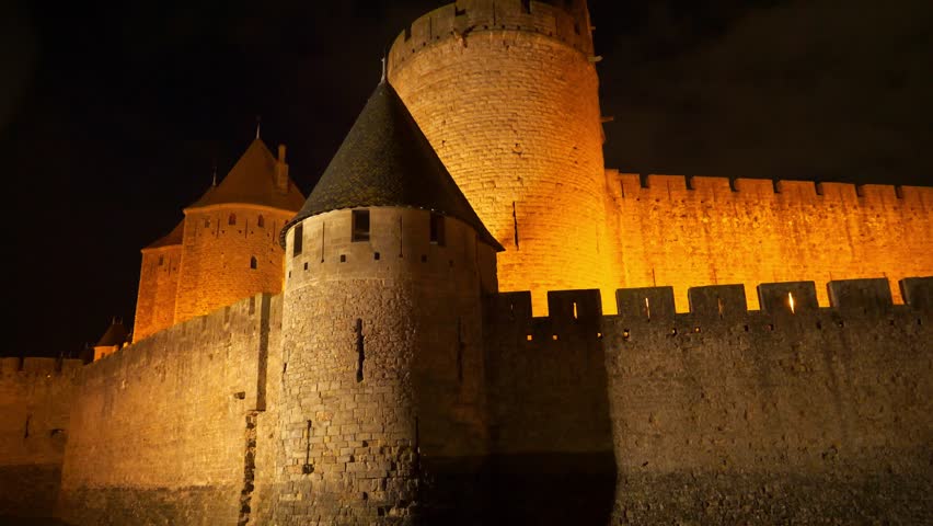 Illuminated Carcassonne Castle Night France