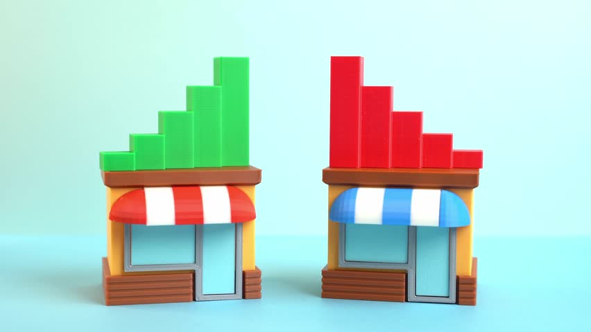 Comparison of two businesses. Compare stores and brands. Competing retail chains. Market competition, business strategy, and consumer choice. Marketing and analytics themes.