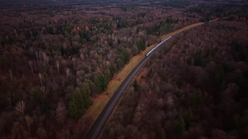 Aerial drone view of regional train traveling through Perlacher Forst forest in Munich, Bavaria, Germany. Scenic railway route showing train travel, transportation infrastructure and nature from above