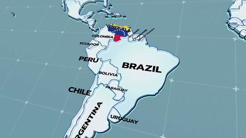 A stylized 3D map of South America showing country borders, with Venezuela flag, including Brazil, Colombia, Ecuador, Peru, Guyana, animation