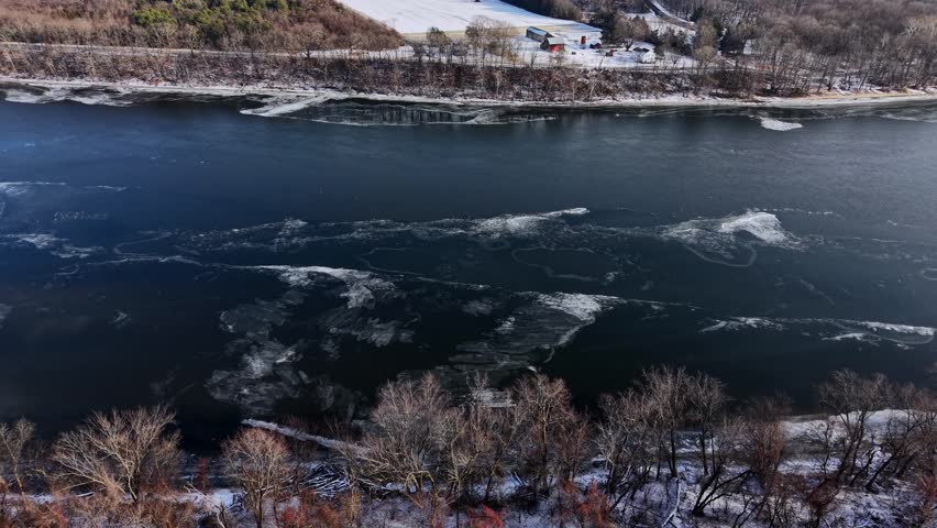 Aerial view of the icy Connecticut River