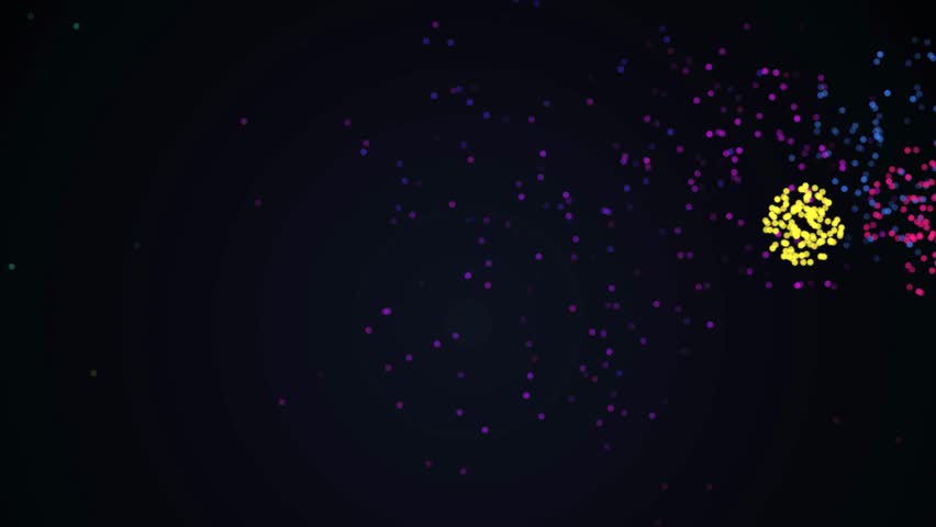 Colorful abstract particle explosions on dark background. Vibrant clusters of dots scattering like fireworks. Ideal for festive, technology, and creative motion graphics.