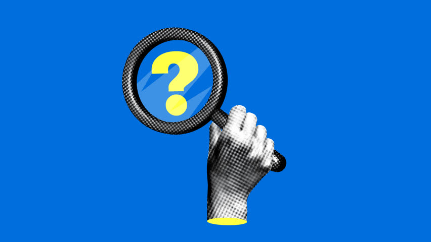 Modern collage with halftone hand holding a magnifying glass with question mark. Researching a question with a magnifying glass. Problem analysis. Finding a solution. Doubt and choice. Animation