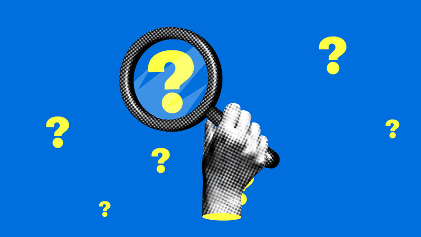 Modern collage with halftone hand holding a magnifying glass with question mark. Researching a question with a magnifying glass. Problem analysis. Finding a solution. Doubt and choice. Animation