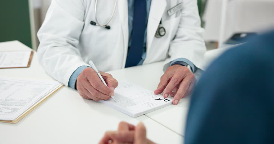 Medical, hands or people with sick note, prescription paper and diagnosis letter in hospital. Healthcare, patient or doctor in clinic with results, treatment plan or writing symptoms in consultation