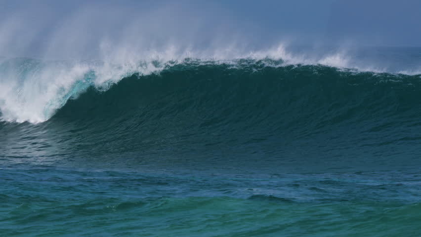 SLOW MOTION: Offshore wind grooms beautifully breaking ocean wave that curls under clear blue skies. Empty turquoise wave and spraying white water capture energy and beauty of an ideal surfing day.