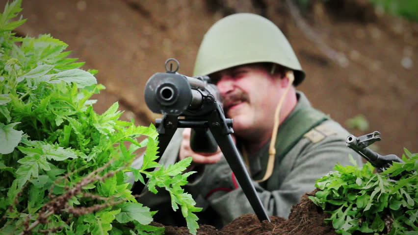 Soldier in cover aiming with PTRS Anti Tank Rifle