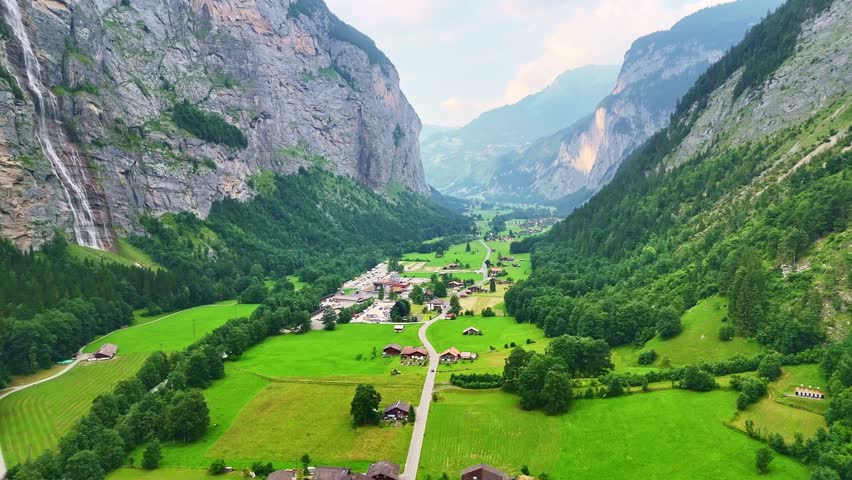 Drone Switzerland 4k. Swiss Alps mountains in summer. Lauterbrunnen valley, popular hiking in Switzerland tourism roadtrip destination.